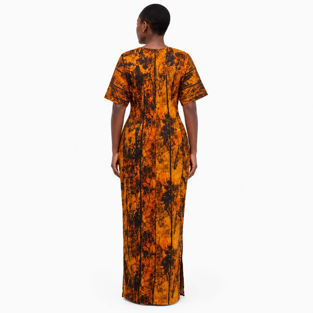 Vibrant Batik Style Maxi Dress with V Neckline